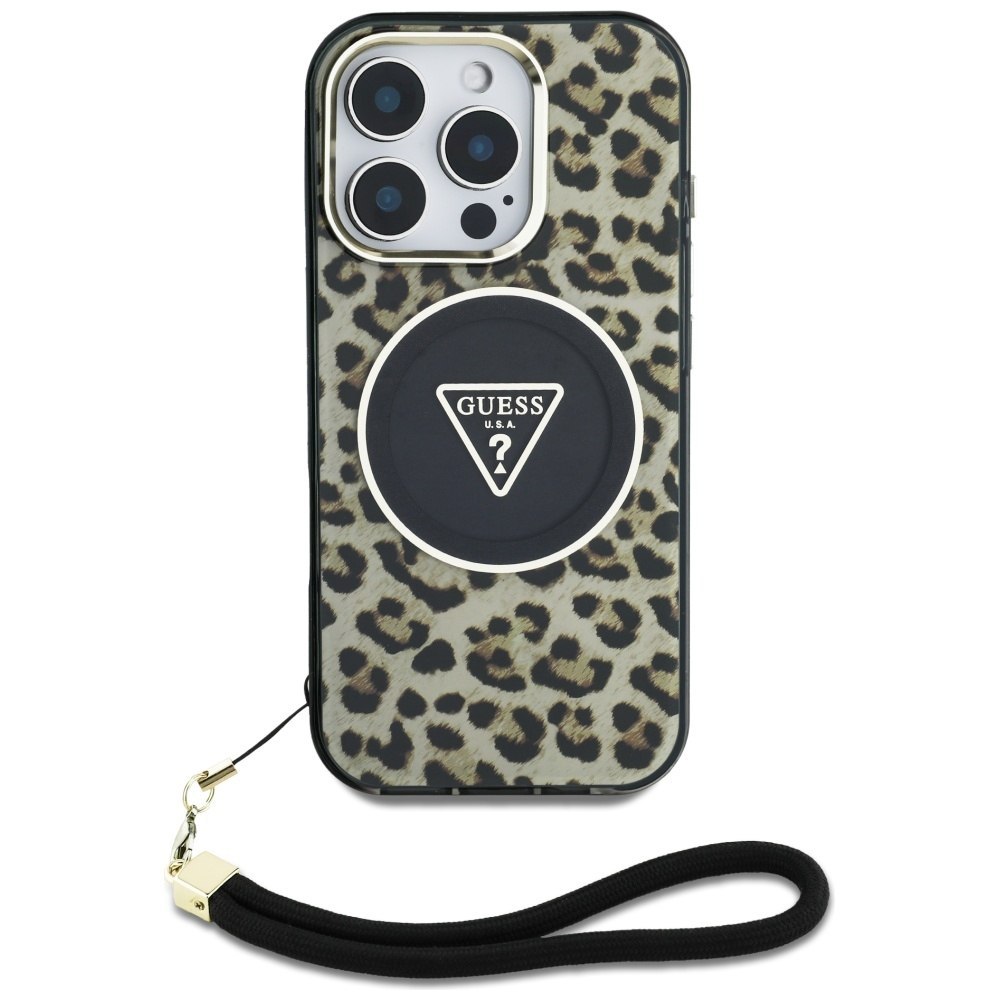 Etui Guess HC IML Leopard Triangle Cord Strap do iPhone 16 Pro MagSafe brąz